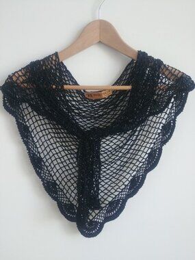 Vintage fully beaded heavy black shawl cover scarf crochet look